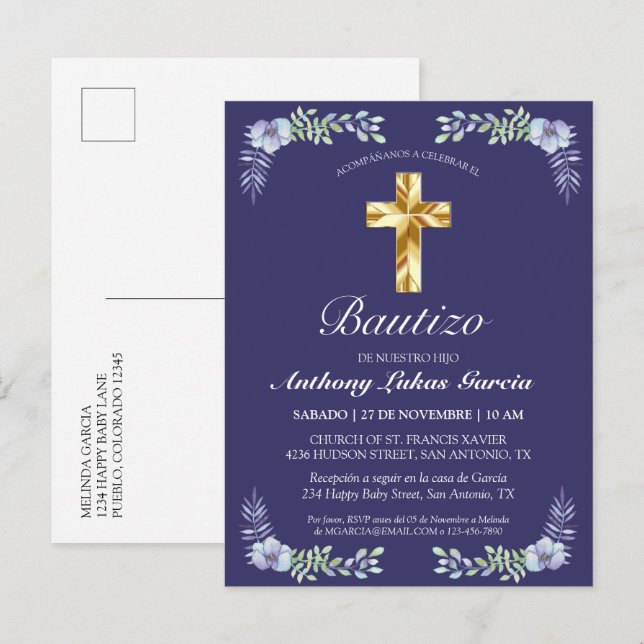 Elegante Lavanda Cruz De Oro Bautizo Bebé Einladungspostkarte (Vorne/Hinten)