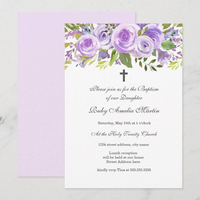 Élégante Lavande Florale Rose Baptême Invitation (Devant / Derrière)