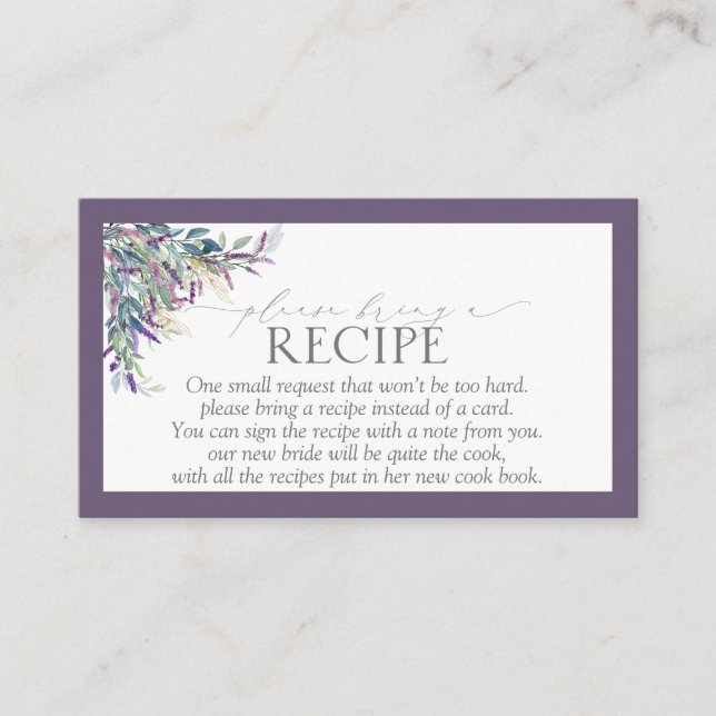 Elegante Lavendel florale Bitte ein Rezept mitbrin Begleitkarte (Vorderseite)