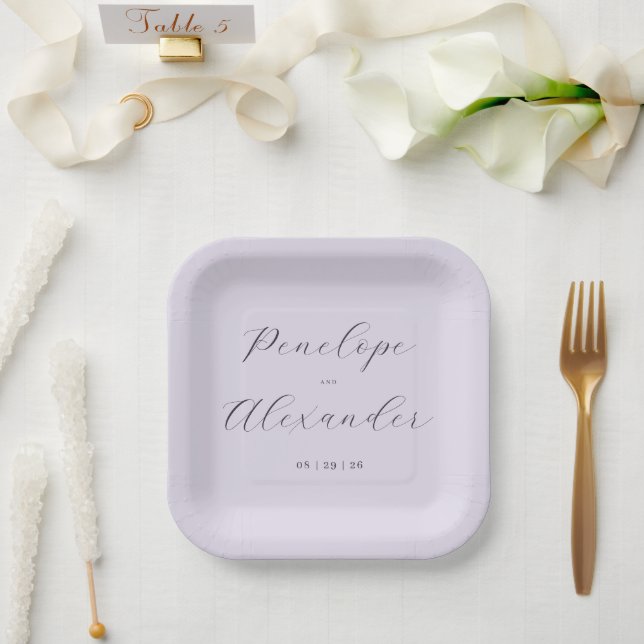 Elegante Lavendel-Kalligrafie Pappteller (Hochzeit)