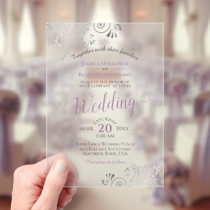 Elegante Lavendel- und Silber-Kalligrafie-Hochzeit Acryleinladungen