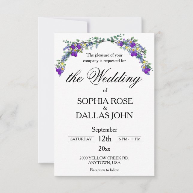 Elegante Lavendelviolette Hochzeit in Aquarellfarb Einladung (Vorderseite)