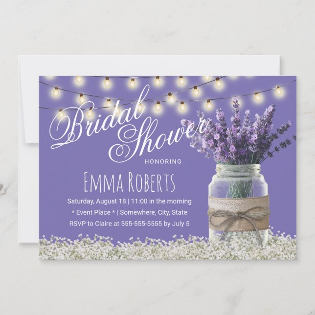 Elegante Lavender Blume Mason Jar Brautparty Einladung (Vorderseite)