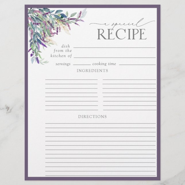 Elegante Lavender Brautparty Recipe Binder Page (Vorderseite)