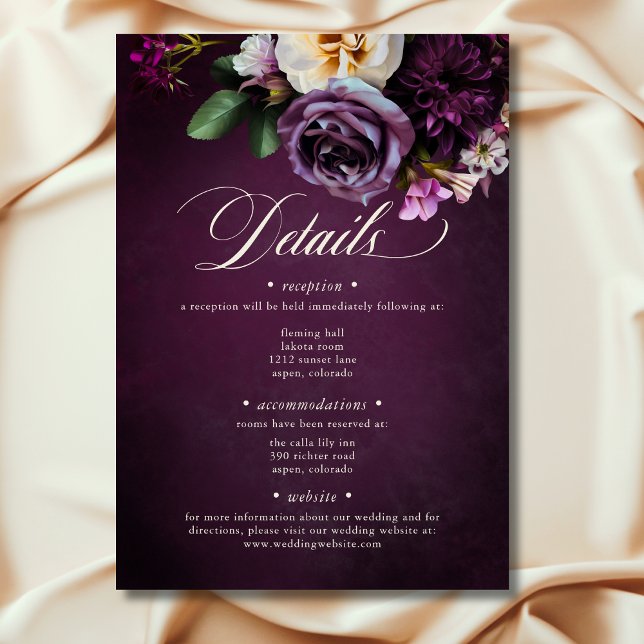 Elegante Lavender & Burgund Blumenzettel Begleitkarte (Elegant Lavender & Burgundy Floral Script Wedding Details Enclosure Card)