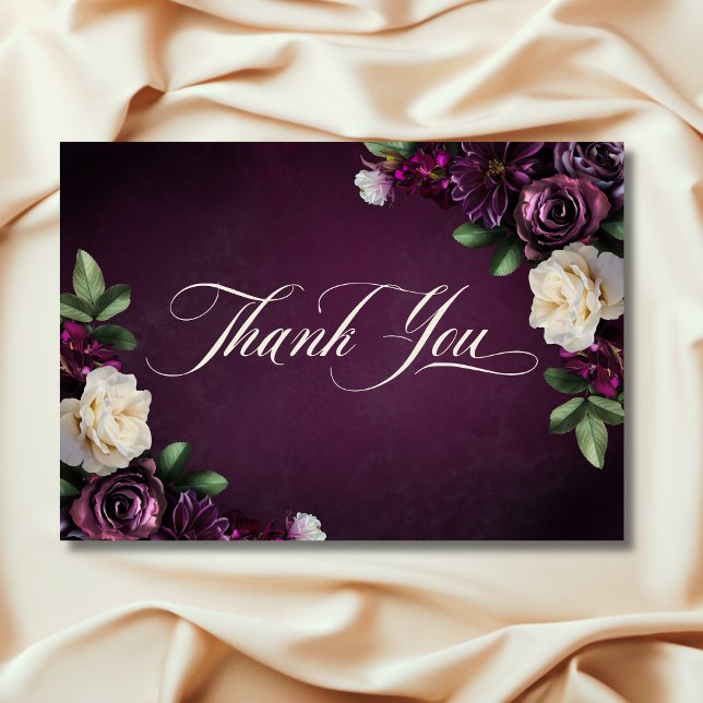 Elegante Lavender & Burgund Blumenzettel Dankeskarte (Elegant Lavender & Burgundy Floral Script Wedding Thank You Card)