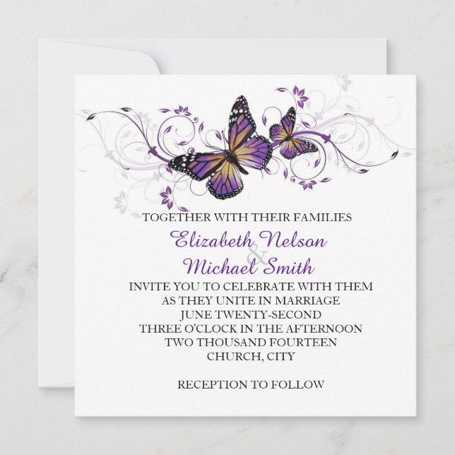 Elegante Lavender Butterfly Wirbel Hochzeit Einlad Einladung (Vorderseite)