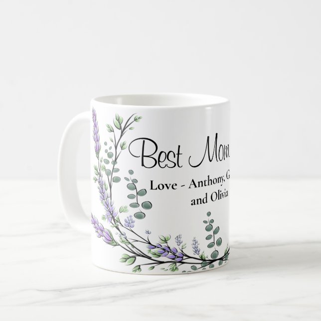 Elegante Lavender Eucalyptus Beste Mama je Kaffeetasse (Vorderseite Links)
