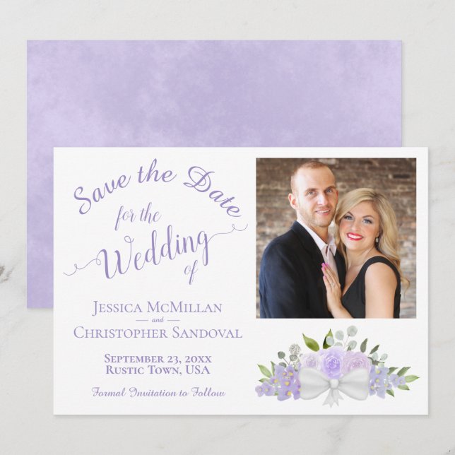 Elegante Lavender Floral Calligraphy Foto Wedding Save The Date (Vorne/Hinten)