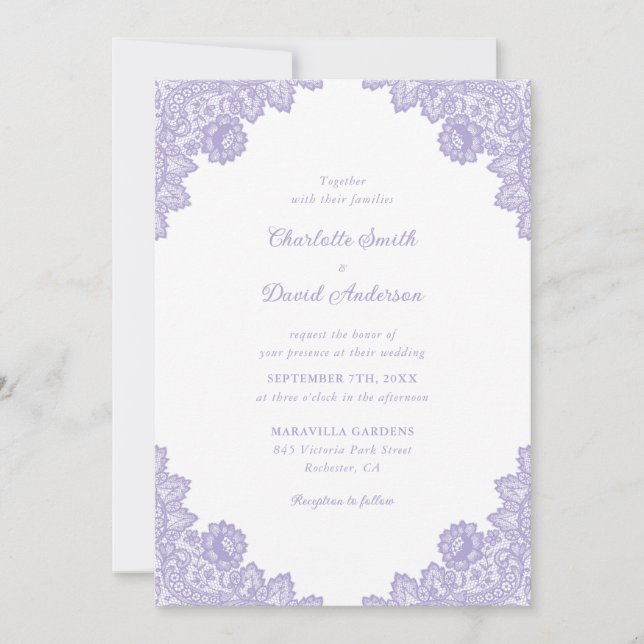 Elegante Lavender Floral Lace Wedding Einladung (Vorderseite)