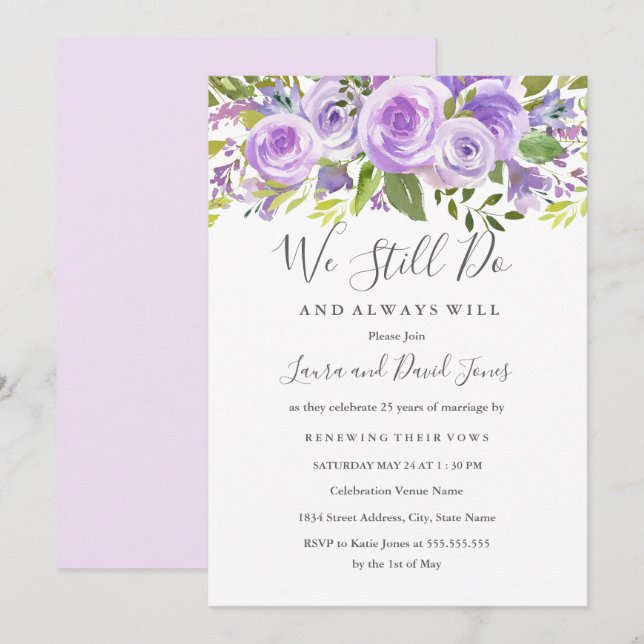 Elegante Lavender Floral Rose Hochzeit Vow Erneuer Einladung (Vorne/Hinten)