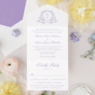 Elegante Lavender Floral Wappen Monogram Wedding All In One Einladung
