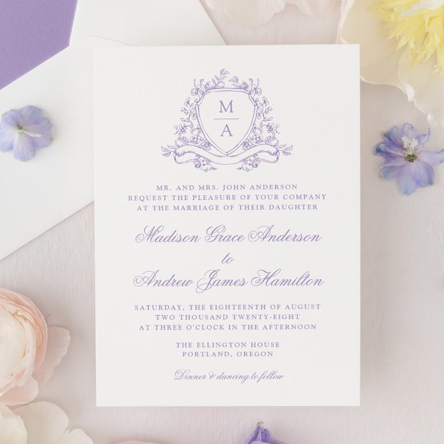 Elegante Lavender Floral Wappen Monogram Wedding Einladung (Von Creator hochgeladen)