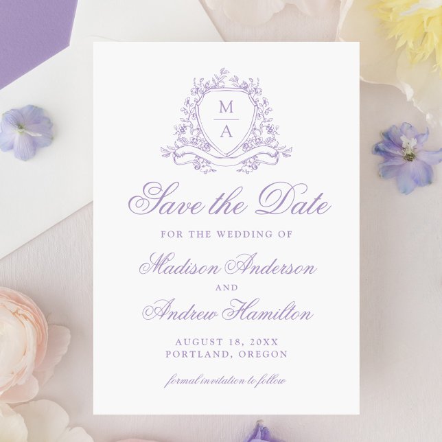 Elegante Lavender Floral Wappen Monogram Wedding Save The Date (Von Creator hochgeladen)
