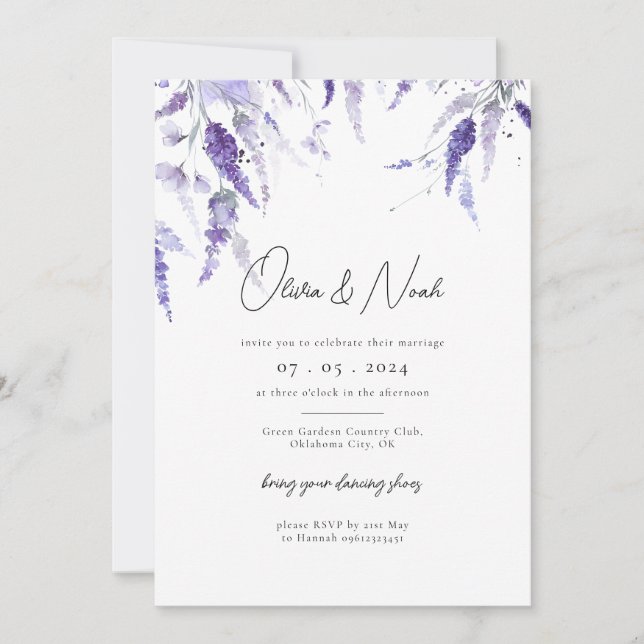 Elegante Lavender Floral Watercolor Lilac Wedding Einladung (Vorderseite)