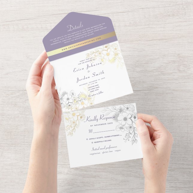 Elegante Lavender Floral Wedding All In One Einladung (Abreißen)