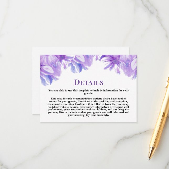 Elegante Lavender Floral Wedding Details Begleitkarte (Vorderseite/Rückseite Beispiel)