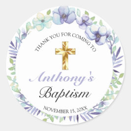 Elegante Lavender Gold Cross Baby-Taufe Runder Aufkleber