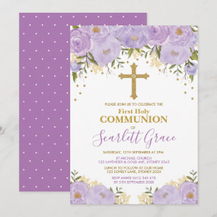Elegante Lavender & Gold Floral Heilige Kommunion Einladung