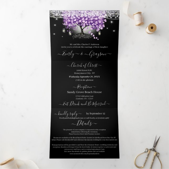 Elegante Lavender Liebe Lila Heart Leaf Wedding Dreifach Gefaltete Einladung (Innenseite)