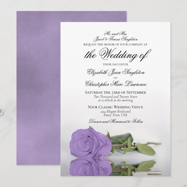 Elegante Lavender Lila Rose Feierliche Hochzeit Einladung (Vorne/Hinten)