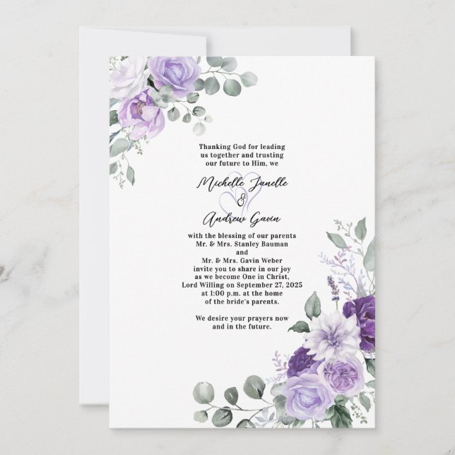 Elegante Lavender Lila Wasserfarbenhochzeit Einladung (Vorderseite)