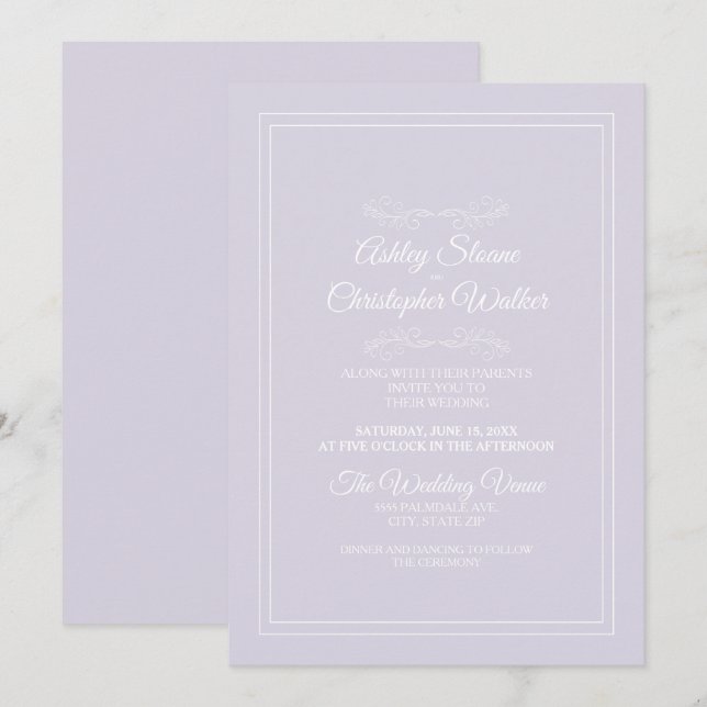 Elegante Lavender Lila White Wedding Einladung (Vorne/Hinten)