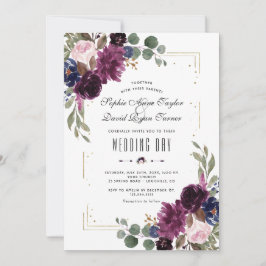 Elegante Lavender Navy Blue Floral Gold Wedding Einladung