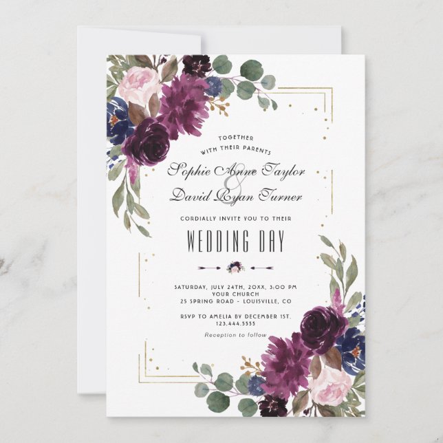 Elegante Lavender Navy Blue Floral Gold Wedding Einladung (Vorderseite)