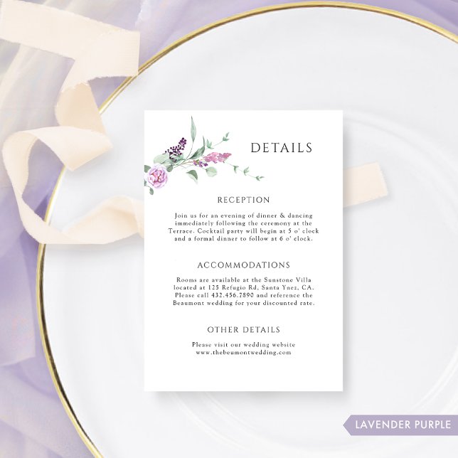 Elegante Lavender Pastel Floral Wedding Details Begleitkarte (Von Creator hochgeladen)