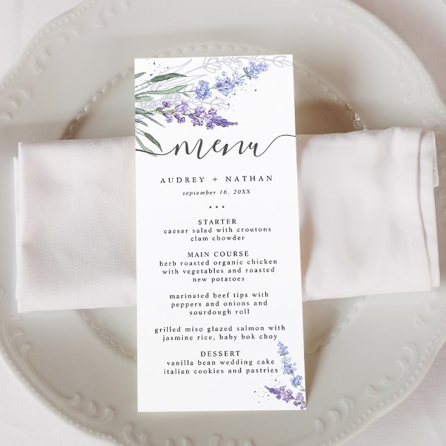 Elegante Lavender Watercolor Hochzeit Menükarte (Elegant Lavender Watercolor Wedding Menu)