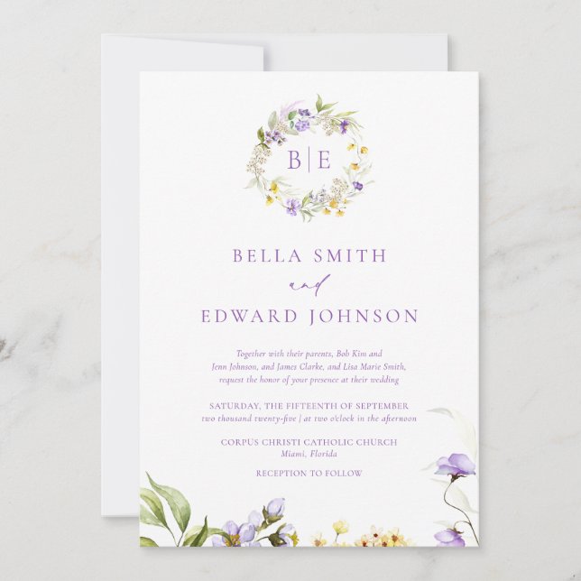 Elegante Lavender & Yellow Floral Monogram Wedding Einladung (Vorderseite)