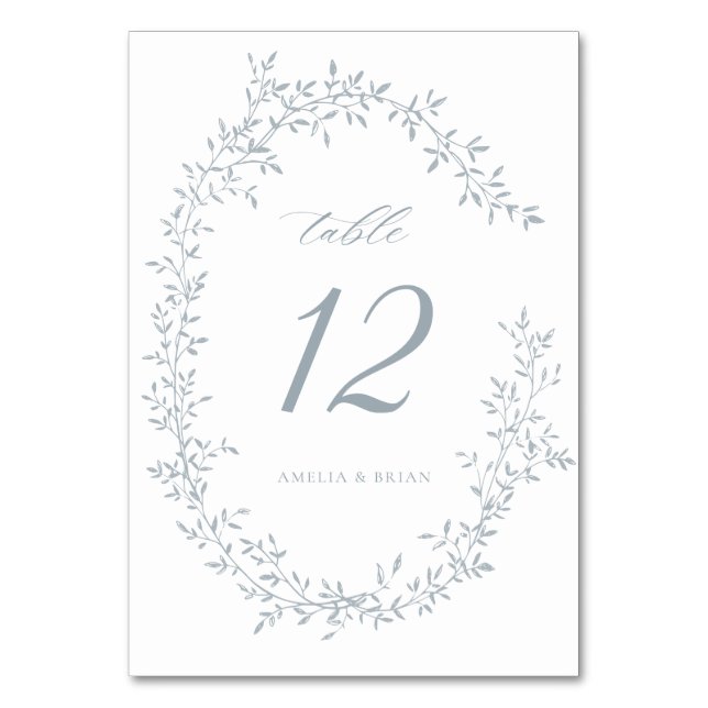 Elegante Leaf Wreath Botanical Dusty Blue Wedding Tischnummer (Vorderseite)