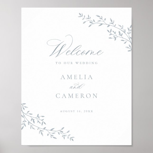 Elegante Leaf Zweigstelle Botanical Blue Wedding W Poster (Vorne)