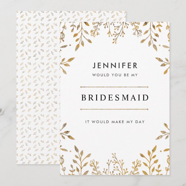 Elegante Leafy Gold Bridesmaid Einladung (Vorne/Hinten)