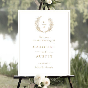 Elegante Leafy Wreath Gold Script Wedding Willkomm Poster