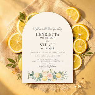 Elegante Lemon Blush Florale Hochzeitsbogen-Karte Einladung