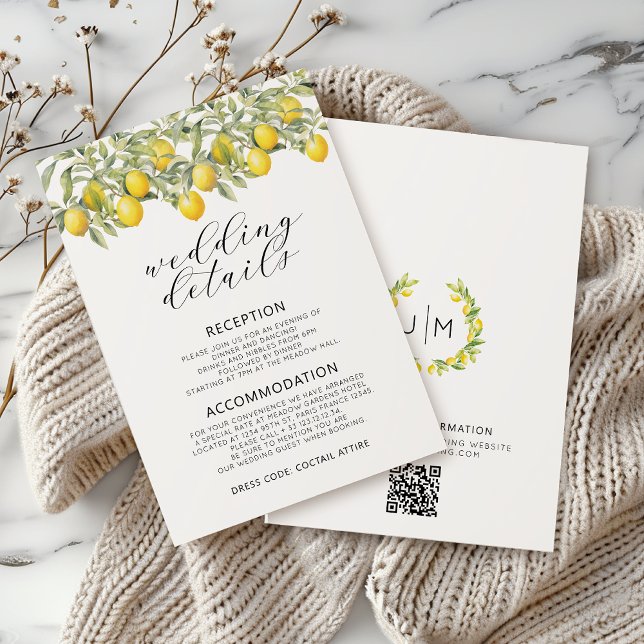 Elegante Lemon Botanische Hochzeitsdetails Begleitkarte (Von Creator hochgeladen)