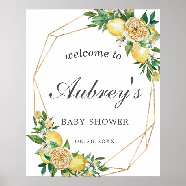 Elegante Lemon Floral Geometric Baby Dusche Willko Poster (Vorne)
