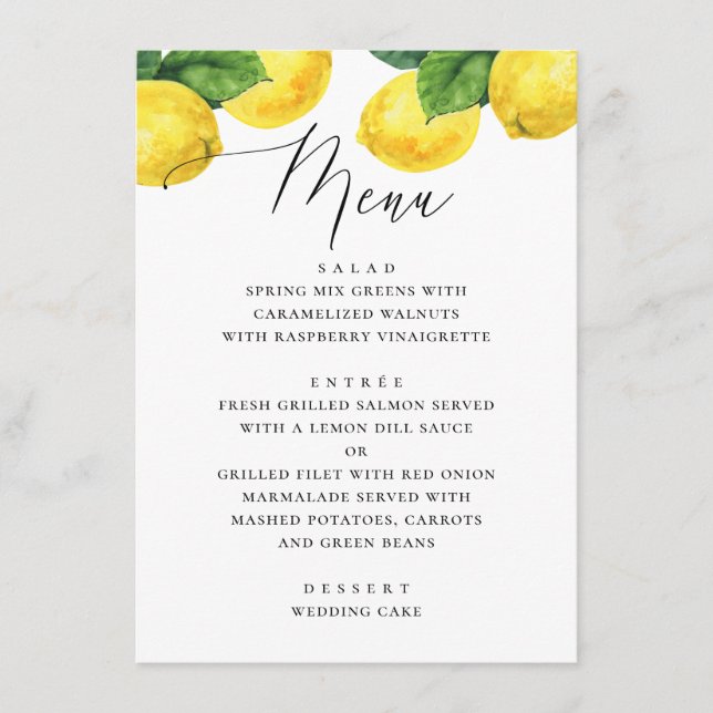 Elegante Lemon Hochzeit. Mittelmeergarten Menükarte (Vorderseite)