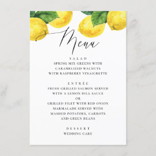 Elegante Lemon Hochzeit. Mittelmeergarten Menükarte