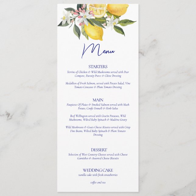 Elegante Lemon Mediterrane Hochzeit Menükarte (Vorderseite)