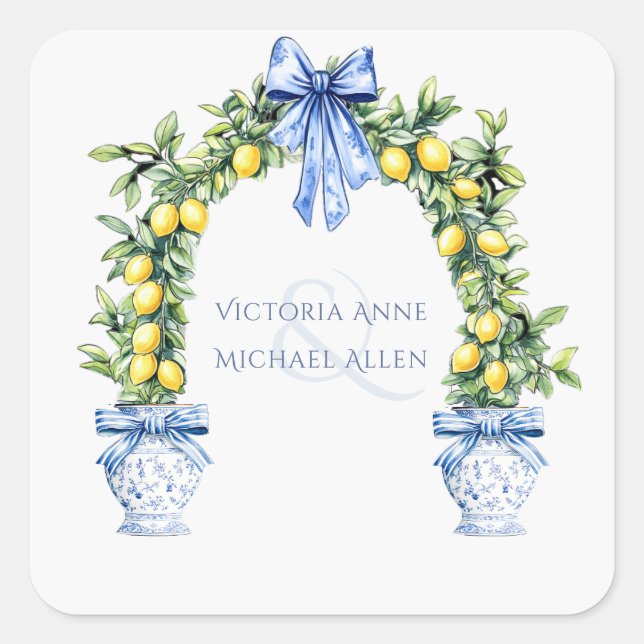 Elegante Lemon Topiary Romantische Hochzeit Quadratischer Aufkleber (Vorderseite)