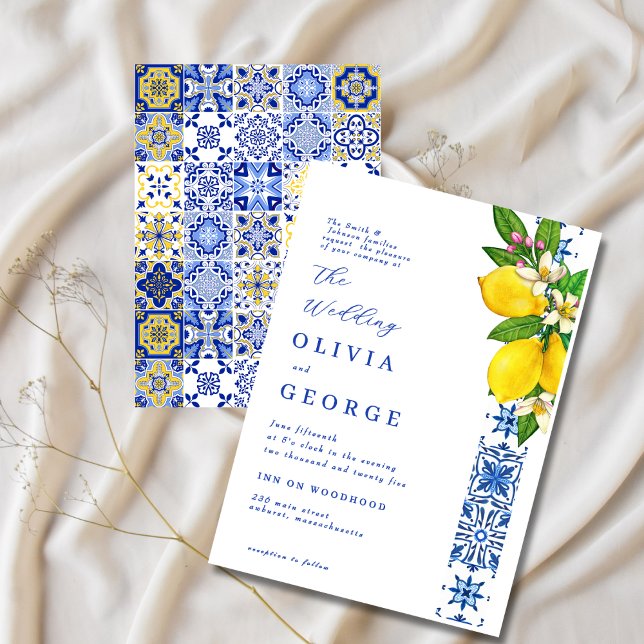 Elegante Lemon und Blue Mediterrane Hochzeit Einladung (Von Creator hochgeladen)