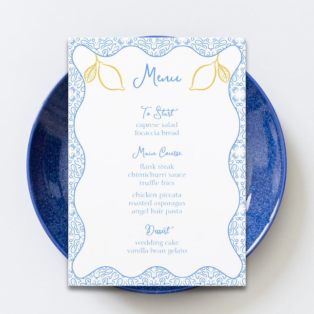 Elegante Lemon und Blue Tiles Mediterrane Hochzeit Menükarte (Von Creator hochgeladen)