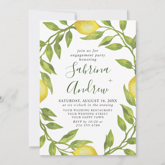 Elegante Lemon Watercolor Grüne Partnerschaft Einladung (Vorderseite)