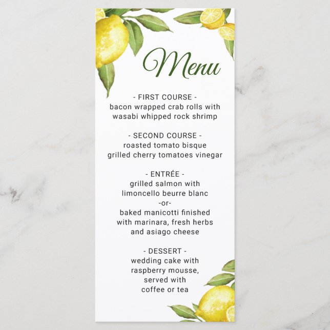 Elegante Lemons Greenerity Wedding Dinner Menu Menükarte (Vorderseite)