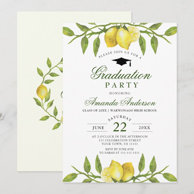 Elegante Lemons Greenery Chic Graduation Party Einladung (Vorne/Hinten)