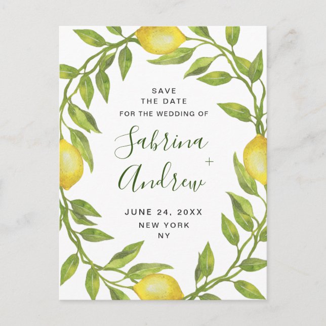 Elegante Lemons Grüne Hochzeit speichern das Datum Postkarte (Vorderseite)