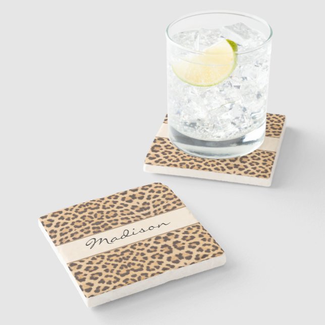 Elegante Leopard drucken schwarz braun Skriptname Steinuntersetzer (Seitenansicht)
